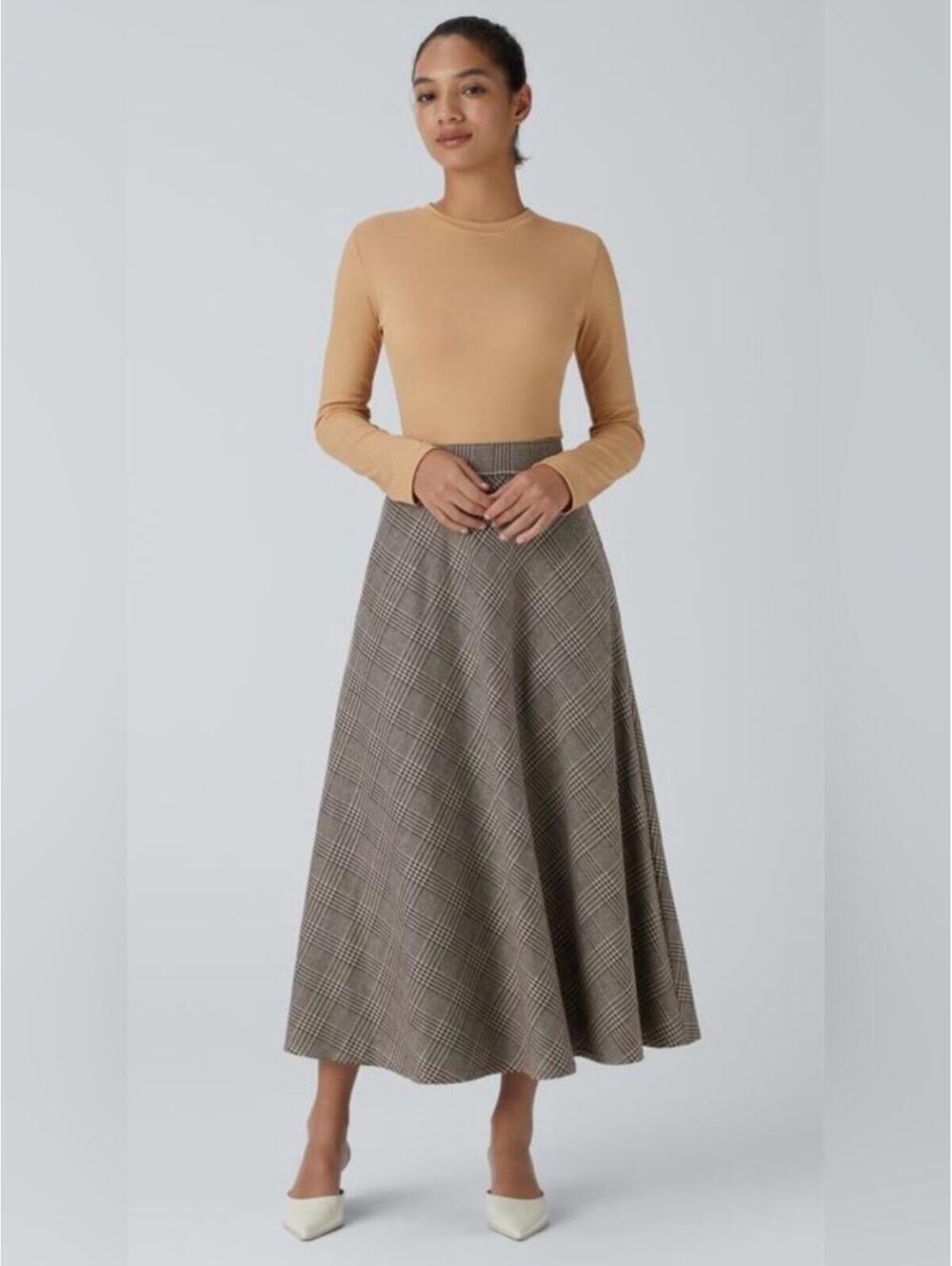 Halara High Waisted Pocket Houndstooth Plaid Flare Midi Casual Skirt - Picture 3 of 7